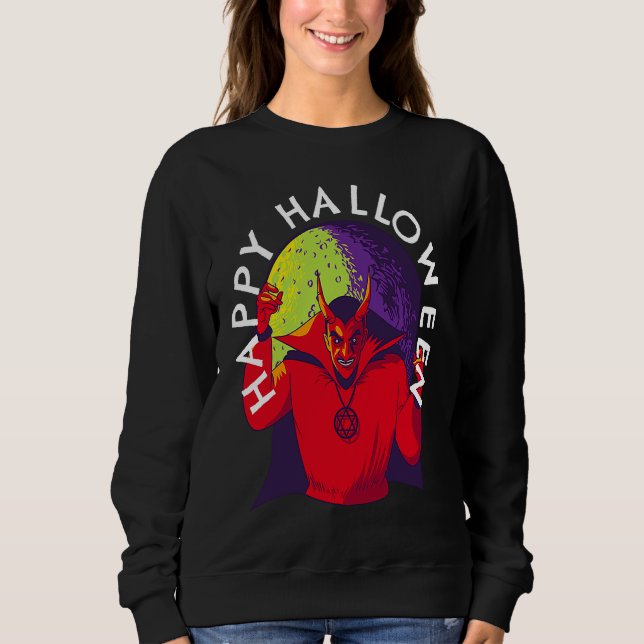 Happy Halloween Spooky Devil Satan in Full Moon T Shirt (Framsida)