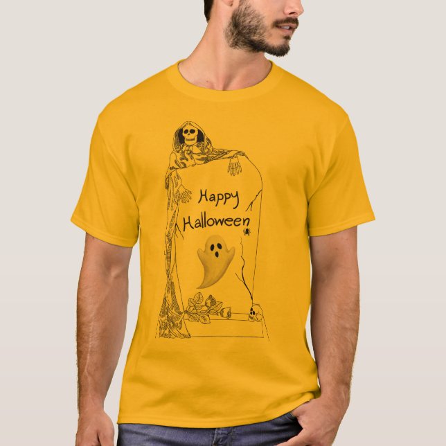 Happy Halloween – Spooky Skeleton and Ghost Design T Shirt (Framsida)