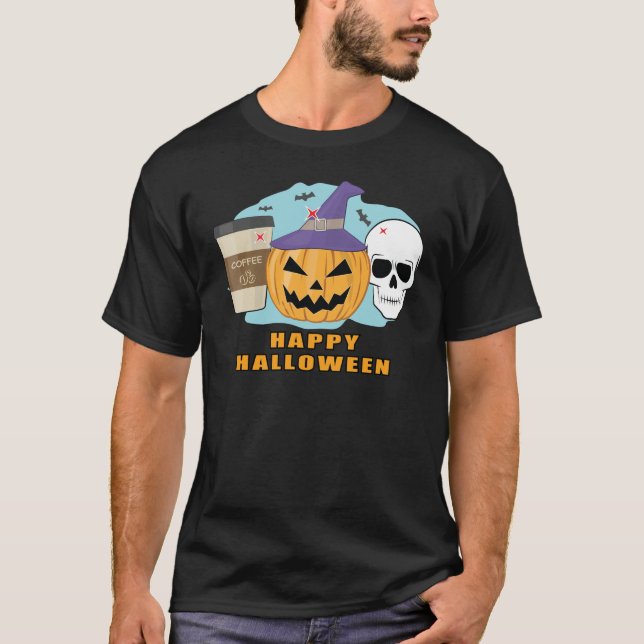 Happy halloween - Spooky Skull, Pumpkin och kaffe T Shirt (Framsida)