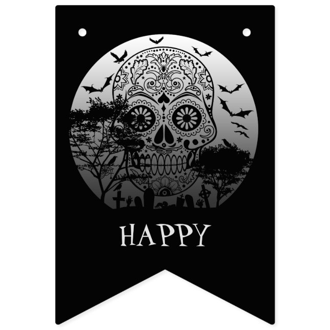 Happy halloween Sugar Skull Graveyard Full Moon 1 Vimplar (Första flaggan)