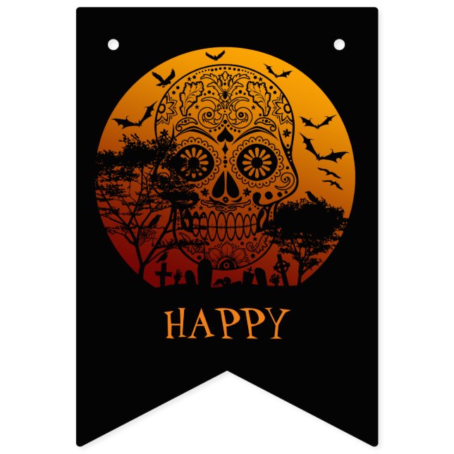 Happy halloween Sugar Skull Graveyard Full Moon 2 Vimplar (Första flaggan)