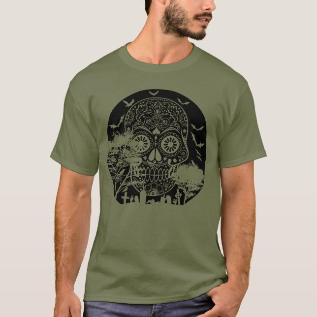 Happy halloween Sugar Skull Graveyard Full Moon 3 T Shirt (Framsida)