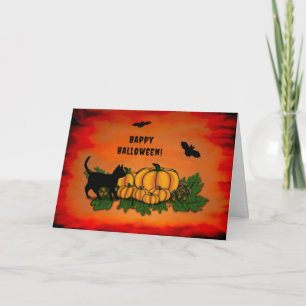 Happy halloween, svart katt, Fladdermus och Pumpki Kort