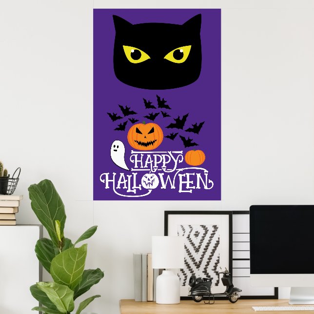 Happy halloween svart katt fladdermus pumpor på li poster (Hemmakontoret)
