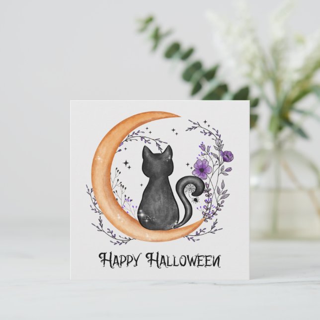 Happy halloween - Svart katt på Crescent Måne (Stående Fram)