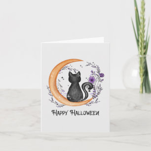 Happy halloween - Svart katt på Crescent Måne Anteckningskort