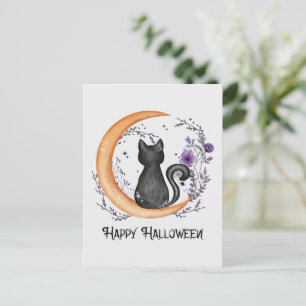 Happy halloween - Svart katt på Crescent Måne Vykort