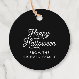 Happy halloween svart med vit text gåvor etiketter