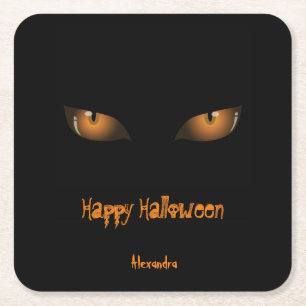 Happy halloween Svart Orange Cat Öga Underlägg Papper Kvadrat