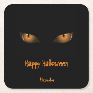 Happy halloween | Svart Orange Cat Öga Underlägg Papper Kvadrat