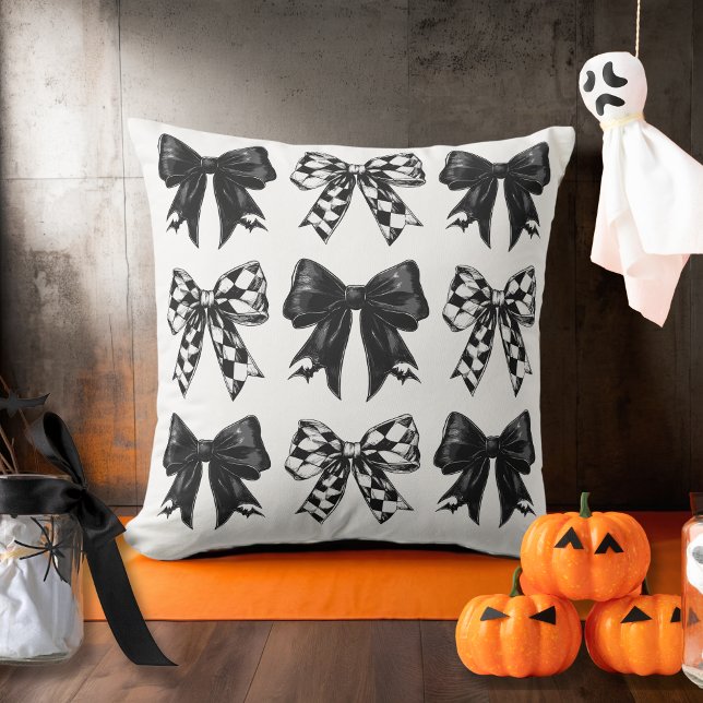 Happy halloween Svartborst, styrda bågar Coquette Kudde (Happy Halloween Black checked bows Coquette Throw Pillow)