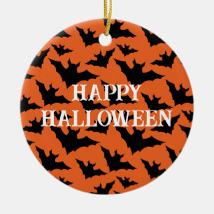 Happy halloween svartfärgad fladdermus-orange-scok julgransprydnad keramik