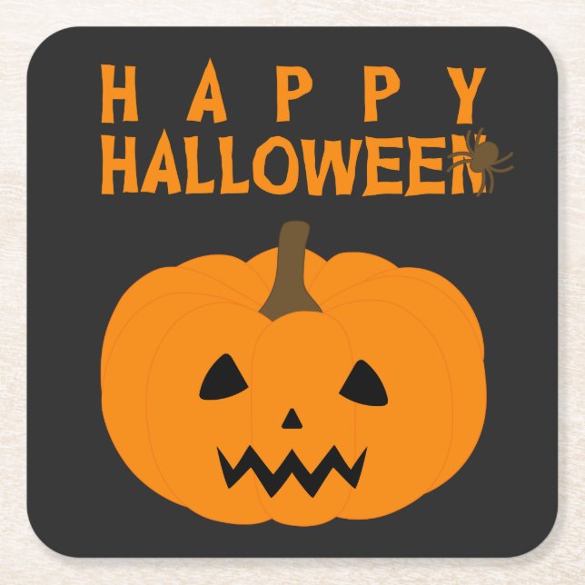 Happy halloween Text och Pumpkin på svart Underlägg Papper Kvadrat (Framsidan)