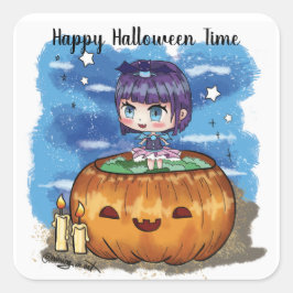 Happy halloween Time Chibi Pumpkin Fyrkantigt Klistermärke