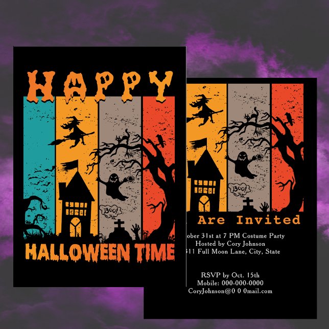 Happy halloween Time Retro Witch House Ghost Grave Inbjudningar (Happy Halloween Time Retro Witch House Ghost Grave Invitation)