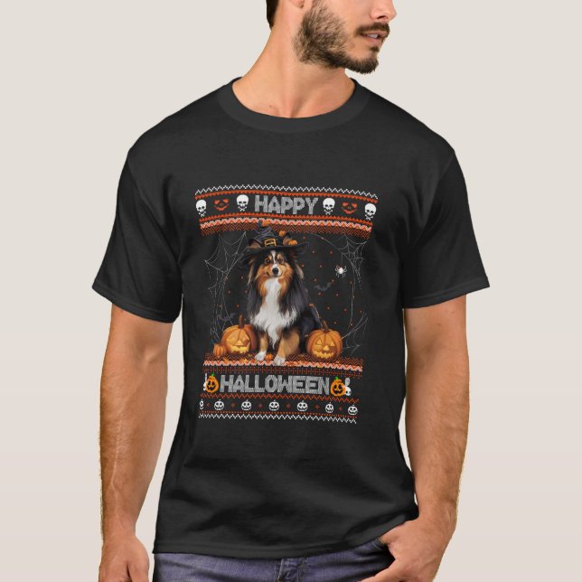 Happy halloween Ugly Shetland Sheepdog Howl o ween T Shirt (Framsida)