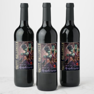 Happy halloween Vin Gift , Bride Frankenstein Vinflaska Etikett