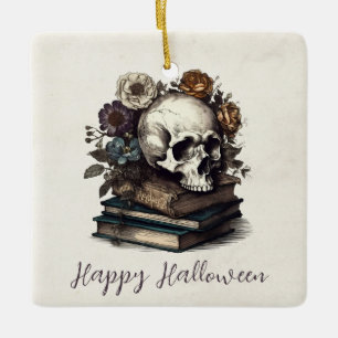 Happy halloween Vintage Skull Bokar Mörk Academia Julgransprydnad Keramik