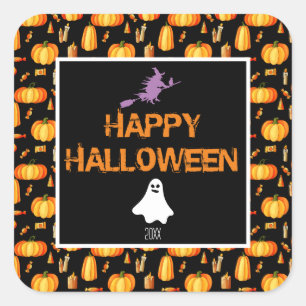 Happy halloween W/Pumpkins Witch och Ghost Fyrkantigt Klistermärke
