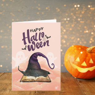 Happy halloween Watercolor Witch Hat and Spellbook Kort