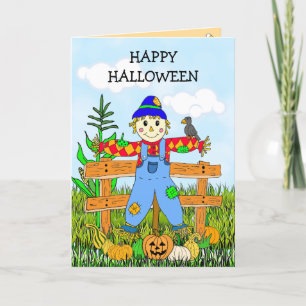 Happy halloween Whimsical Fågelskrämma and Pumpkin Kort