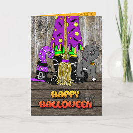 Happy halloween Whimsical Witch, Broom and Cat Helgkort