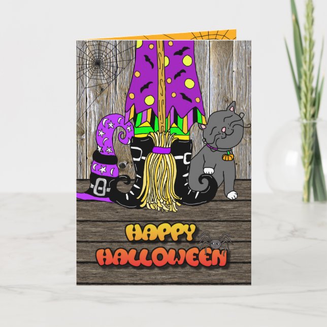 Happy halloween Whimsical Witch, Broom and Cat Helgkort (Framsida)
