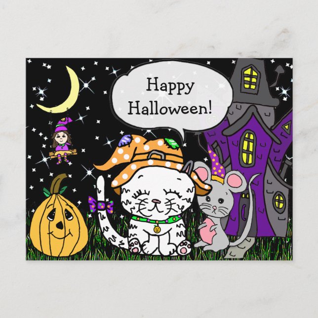 Happy halloween White Cat och Mouse Cute Vykort (Framsida)
