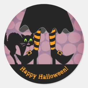 Happy halloween Witch Ben Black Cat Lila Runt Klistermärke