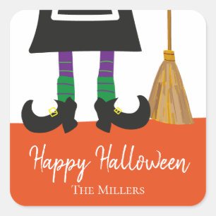 Happy halloween Witch Ben & Broom Personlig Fyrkantigt Klistermärke