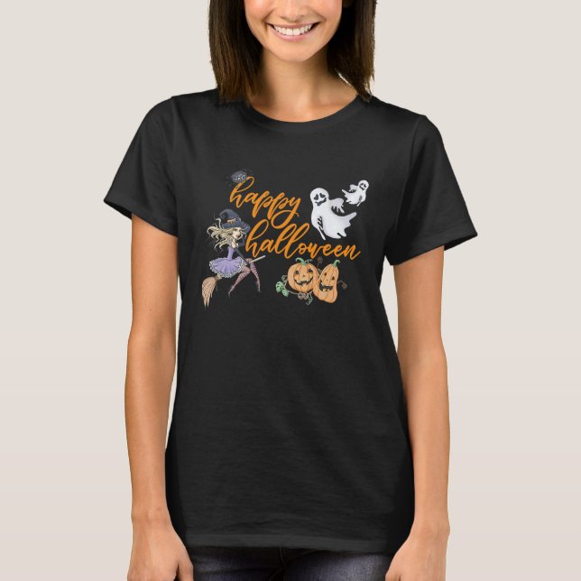 Happy Halloween witch ghosts goblins spiders fall T Shirt (Framsida)