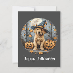 Happy halloween Witch Golden Retriever Hund Pumpki Vykort