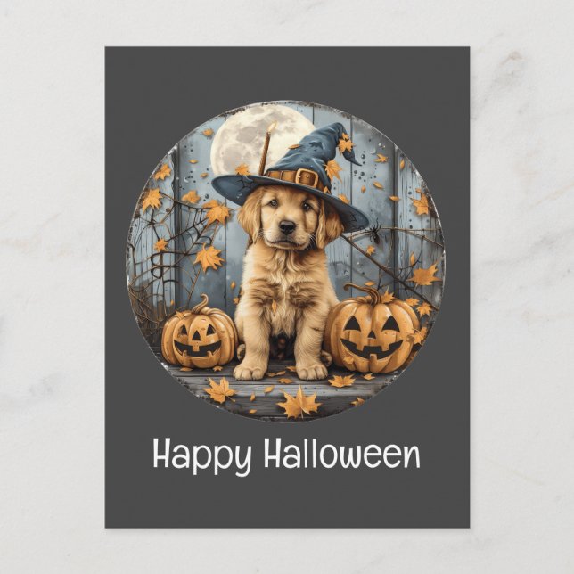 Happy halloween Witch Golden Retriever Hund Pumpki Vykort (Framsida)