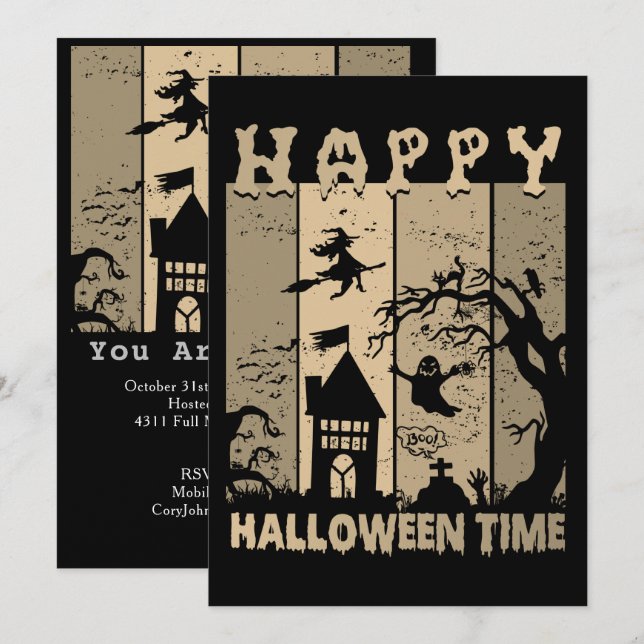 Happy halloween Witch House Ghost Cemetery Sepia Inbjudningar (Fram/baksida)