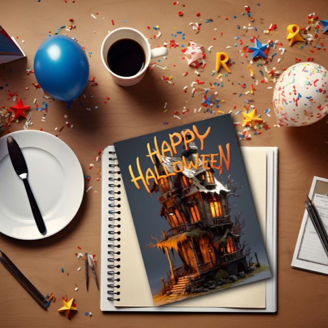 Happy halloween Witch hus Tack Kort (A Happy Halloween card lies on top of a table with celebration items surrounding it.)