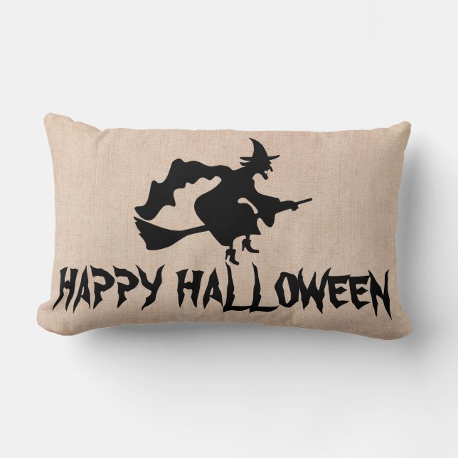 Happy halloween Witch med hennes Broom Burlap Thri Lumbarkudde (Framsida)