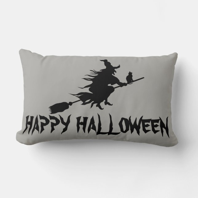 Happy halloween Witch med hennes Broom Orange Thri Lumbarkudde (Framsida)