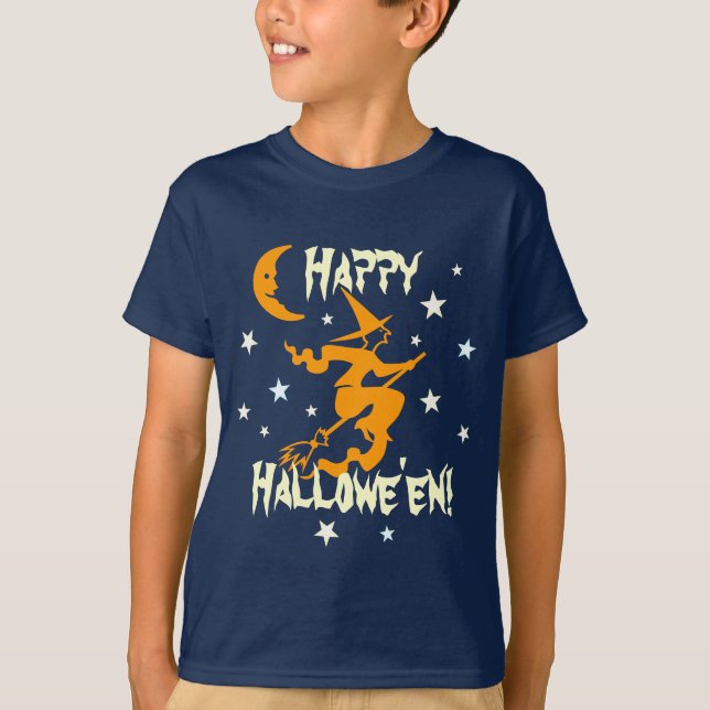 Happy halloween Witch på Broom Stars Orange Måne T-shirt (Framsida)