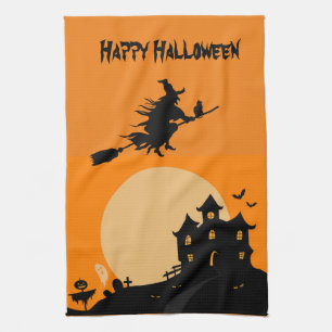 Happy halloween Witch på en borom Kökshandduk