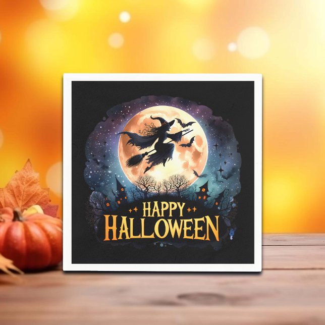 Happy halloween - Witch på flygande Broom Pappersservett (Skapare uppladdad)