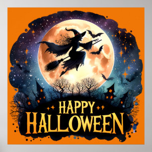 Happy halloween - Witch på flygande Broom Poster