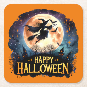 Happy halloween - Witch på flygande Broom Underlägg Papper Kvadrat