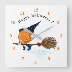 happy halloween Witch Pumpkin Flies Broom - Lustig Fyrkantig Klocka
