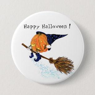 happy halloween Witch Pumpkin Flies Broom - Lustig Knapp