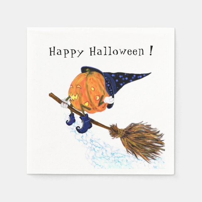 Happy halloween Witch Pumpkin Flies Broom - Lustig Pappersservett (Framsidan)