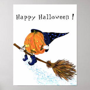 Happy halloween Witch Pumpkin Flies Broom - Lustig Poster