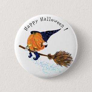 happy halloween Witch Pumpkin Flies Broom - Roligt Knapp