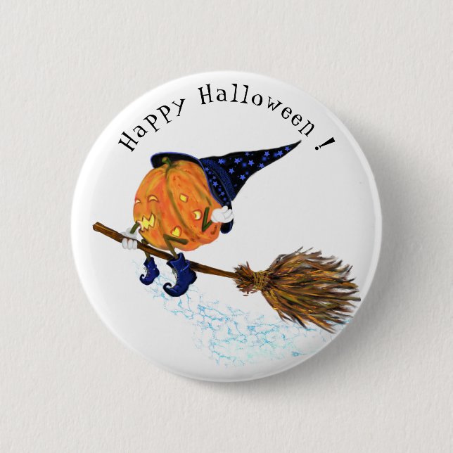 happy halloween Witch Pumpkin Flies Broom - Roligt Knapp (Framsida)