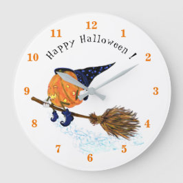Happy halloween Witch Pumpkin Flies Broom - Roligt Stor Klocka