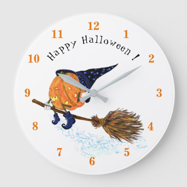 Happy halloween Witch Pumpkin Flies Broom - Roligt Stor Klocka (Framsida)